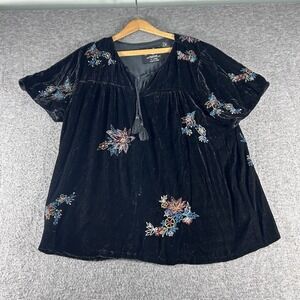 Caite Kyla Seo Velvet Embroidered Shirt Black Floral Peasant Boho Hippie Top XL